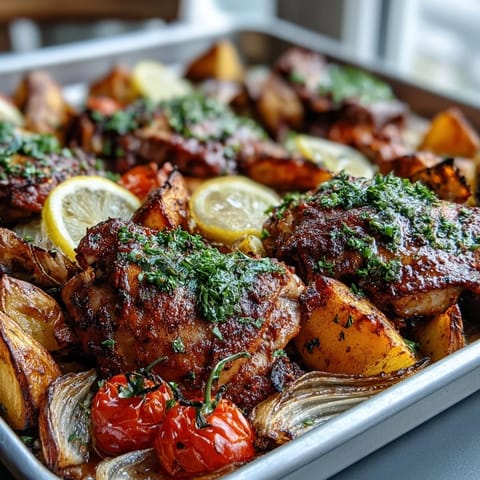 Roasted Chicken and Sweet Potato Traybake served with golden vegetables and bright cherry tomatoes, ready to garnish with fresh herbs.
