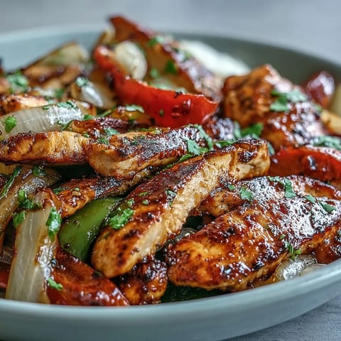 Easy Chicken Fajitas serve juicy sliced chicken and charred veggies on a platter for dinner.  