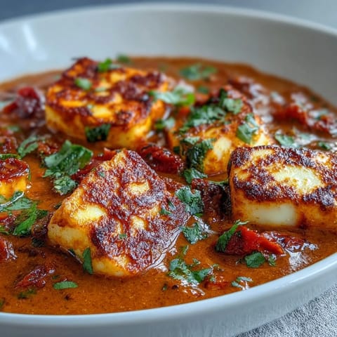 A vibrant, family-friendly Creamy Halloumi and Tomato Curry simmering in a skillet, showcasing its silky, rich sauce.