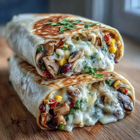 A close-up of hearty veggie burritos filled with colorful peppers, onions, and melted Monterey Jack cheese.