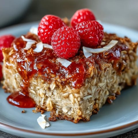 This golden vegan breakfast traybake shows fresh raspberries baked into oatmeal with coconut and walnuts, served on a rustic plate.