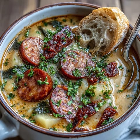 Potato, Leek and Chorizo Soup simmering with diced potatoes and smoky chorizo in a rustic pot.  