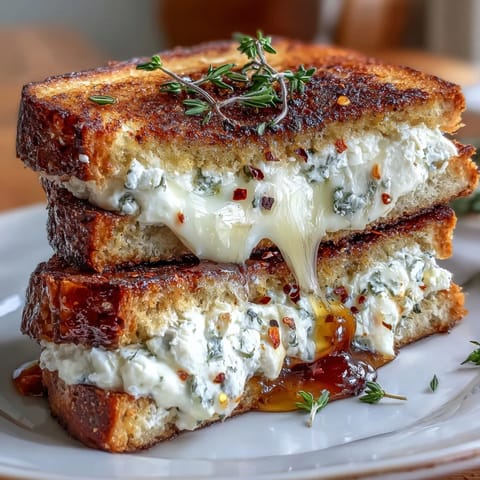 Golden-brown Goat Cheese Grilled Cheese with Honey & Chili Flakes on buttery sourdough, oozing creamy chèvre and tangy cream cheese. 