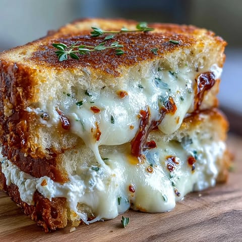 Two halves of a Goat Cheese Griled Cheese with Honey & Chili Flakes are cut on a wooden board, showing melted cheese and red chili flakes. 