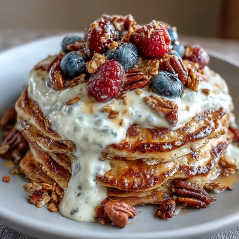 Golden Protein Pancake Bowl topped with crunchy nuts, seeds, and granola for a hearty breakfast.