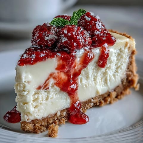 A single wedge of Indulgent White Chocolate Raspberry Cheesecake Bliss is plated, topped with vibrant fresh raspberry garnish and sauce.