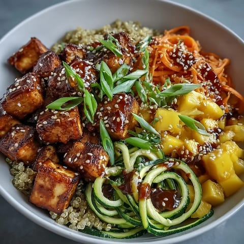 Golden-crisp baked tofu glistens atop fluffy quinoa in an Easy Teriyaki Quinoa Bowl, garnished with vibrant spiralized zucchini and carrots.