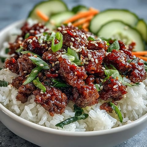 Sizzling ground beef coated in a spicy gochujang sauce for this Easy Korean Beef Bowl, topped with fresh cucumber and carrots.