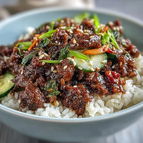 A vibrant Korean Beef Bowl with spicy gochujang beef over steamed rice, topped with crisp cucumber and pickled vegetables.