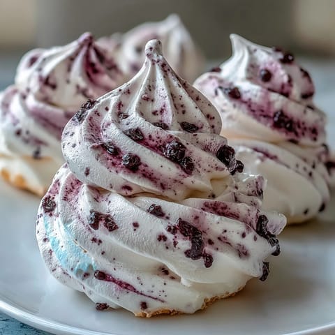Freshly baked Black Currant Meringues sit atop a rustic wooden board, ready to be served with tea.