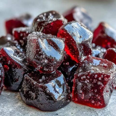 Homemade Black Currant Gummies dusted with sugar in a glass jar.