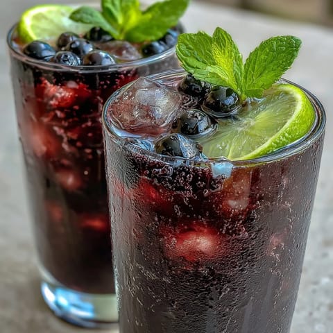 Tall glasses of sparkling Black Currant Mocktail filled with ice, garnished with fresh mint and lime slices for a refreshing summer sip.