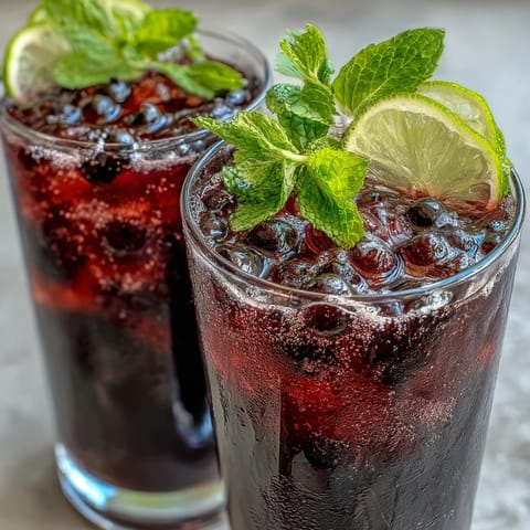 Black Currant Mocktail topped with bubbly sparkling water and fresh mint, served over ice in a glass for a tangy, vibrant treat.