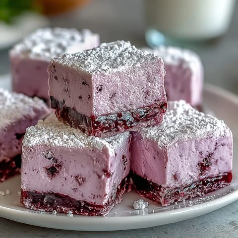 Glossy, soft lavender Black Currant Marshmallows dusted with powdered sugar, with their fruity aroma wafting from a fresh-cut square.