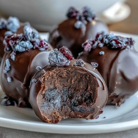 Elegant homemade Black Currant Chocolate Truffles with a rich ganache center, displayed on a marble countertop for a fancy dessert spread.
