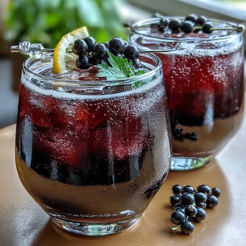 Freshly poured Black Currant and Cassis Cocktail in chilled wine glasses, garnished with lemon twists, ready for an elegant evening gathering.