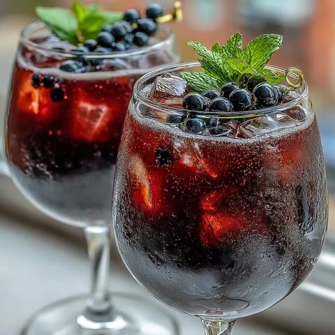 Two glasses of vibrant Black Currant and Cassis Cocktail with dark berry tones and a crisp white wine finish, served over clear ice cubes.