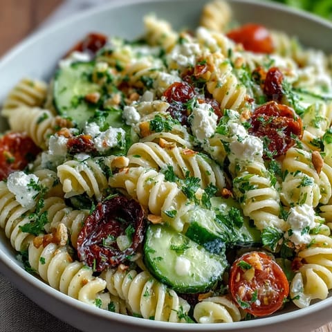 Refreshing pasta salad tossed in zesty lemon dressing with fresh cucumbers, cherry tomatoes, and parsley for bright flavor.