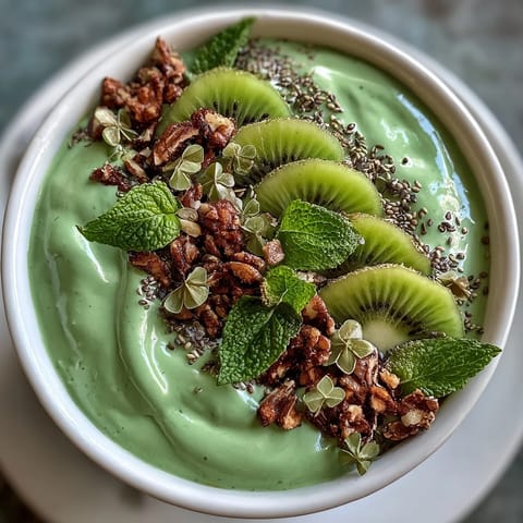 Creamy green shamrock protein smoothie bowl with fresh spinach, banana, and avocado, topped with kiwi slices, granola, and festive edible gold stars.