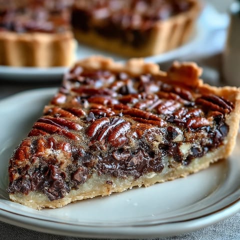 Decadent chocolate and pecan tart with golden crust, perfect for Kentucky Derby parties or as a festive dessert centerpiece.