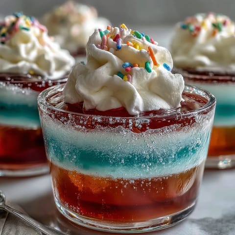 Vibrant rainbow Jello cups with fruity layers and whipped cream topping, perfect for kids' parties and celebrations.