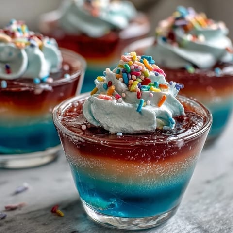Layered rainbow Jello cups in clear glasses, each fruity flavor stacked for a colorful and fun dessert kids will love.