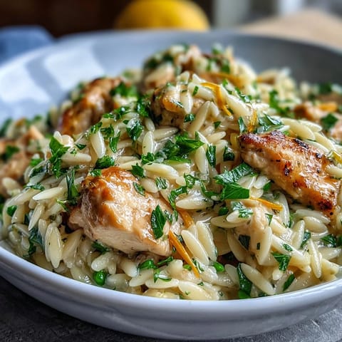 Creamy One-Pot Lemon Orzo with tender chicken, sweet peas, and bright lemon zest—perfect spring comfort food.