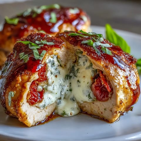 Caprese Stuffed Chicken Breast with melted mozzarella and juicy tomatoes, baked until golden and drizzled with balsamic glaze for a vibrant Italian dinner.