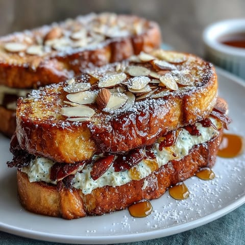 Almond Croissant French Toast with golden brioche slices soaked in almond cream and topped with toasted almonds.