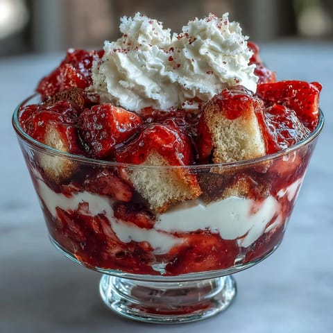 Beautiful layered Strawberry Shortcake Trifle with fluffy whipped cream, juicy fresh strawberries, and tender vanilla cake cubes in a glass bowl.