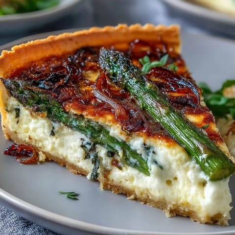 Spring Asparagus Quiche with Gruyère and caramelized shallots in a golden, flaky crust, perfect for brunch gatherings.
