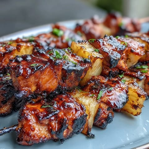 Juicy al pastor chicken skewers with grilled pineapple, garnished with cilantro.