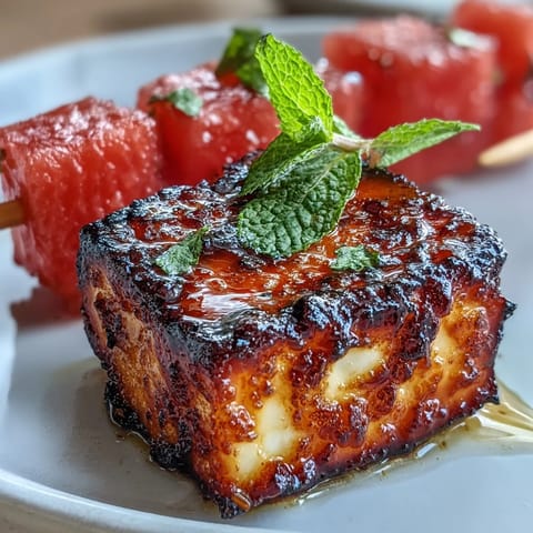 Grilled Halloumi Skewers: golden cheese, sweet watermelon, fresh mint, perfect grill bites appetizer.
