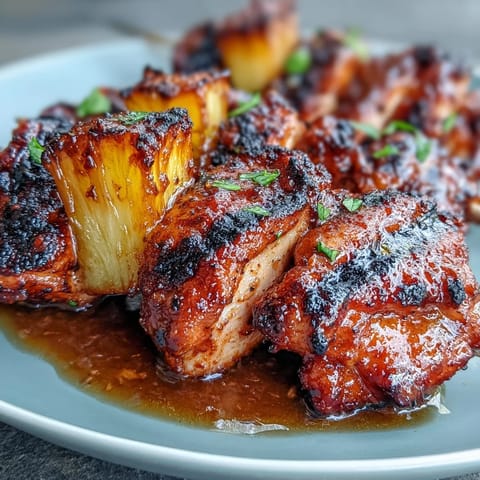 Grilled Chicken Al Pastor Skewers with Pineapple, sizzling with sweet pineapple chunks.