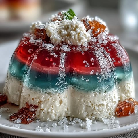 Vibrant rainbow jelly cake with smooth coconut cream, a refreshing summer dessert.
