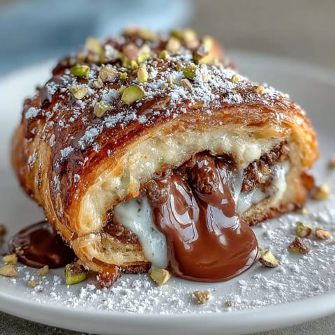 Golden Dubai chocolate pistachio croissant French toast drizzled with syrup.