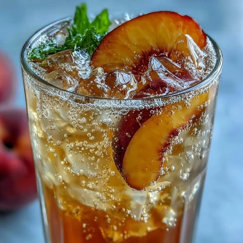 Iced Peach Green Tea Lemonade with fresh peach slices, a vibrant fruity drink.