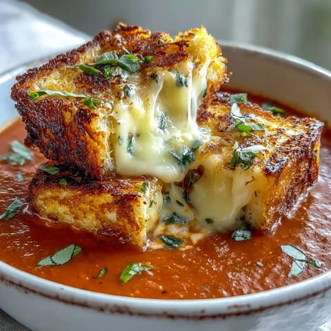 Creamy Tomato Basil Soup with Grilled Cheese Croutons in a white bowl, garnished with fresh basil leaves and golden grilled cheese croutons on top.