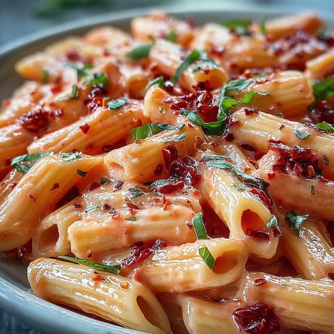 A vibrant pink sauce pasta dish with creamy tomato sauce coating al dente penne, garnished with fresh basil and parmesan.