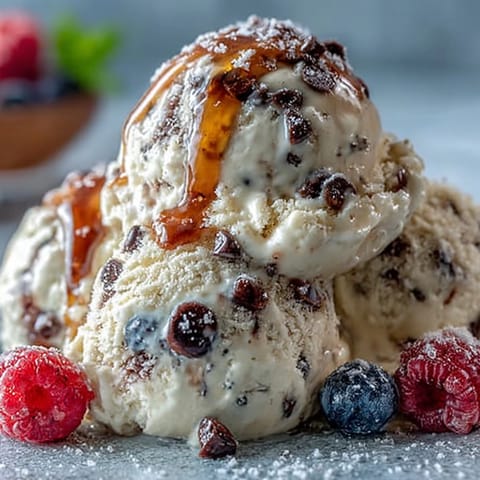 Creamy TikTok Cottage Cheese Ice Cream, a healthy frozen dessert swirled with berries.