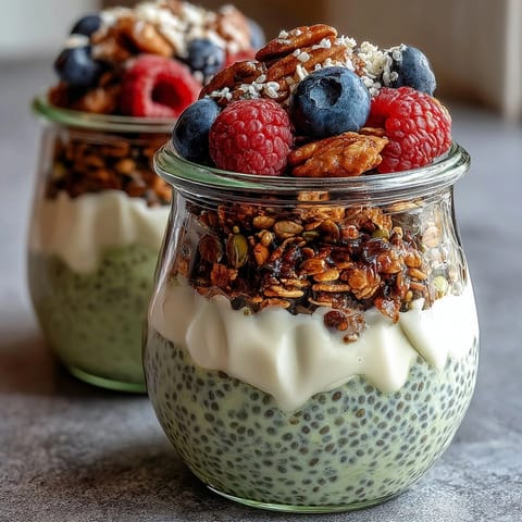 Creamy avocado chia pudding parfait layered with vibrant berries and crunchy granola.