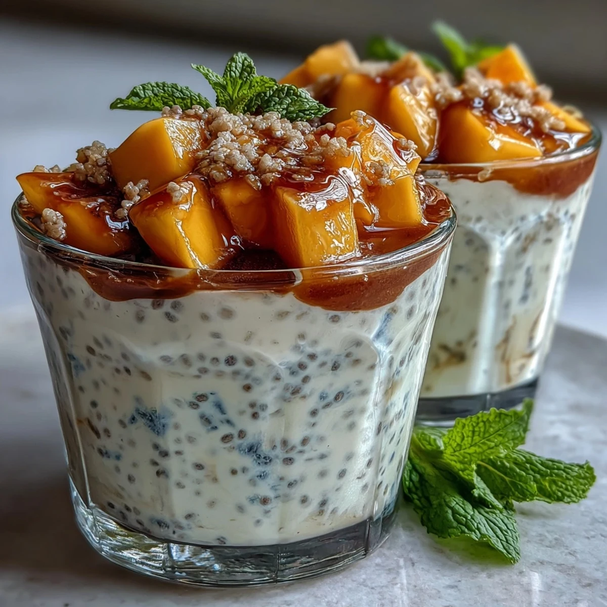 Creamy Skyr Protein Chia Pudding with vibrant mango layers, a healthy breakfast.