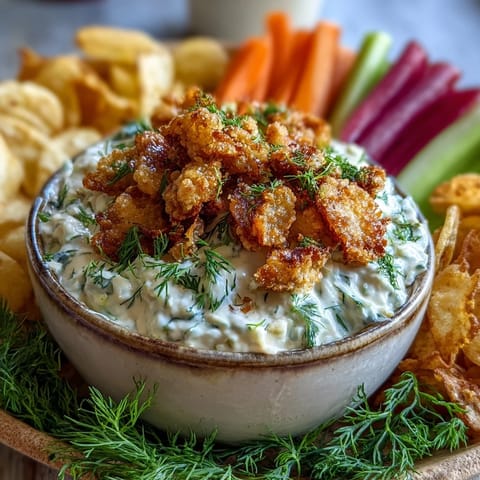 Creamy fried pickle dip with crispy fried pickle garnish, perfect for parties.