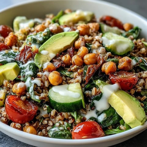 Vibrant Ancient Grains Bowl with vibrant veggies and creamy tahini dressing.