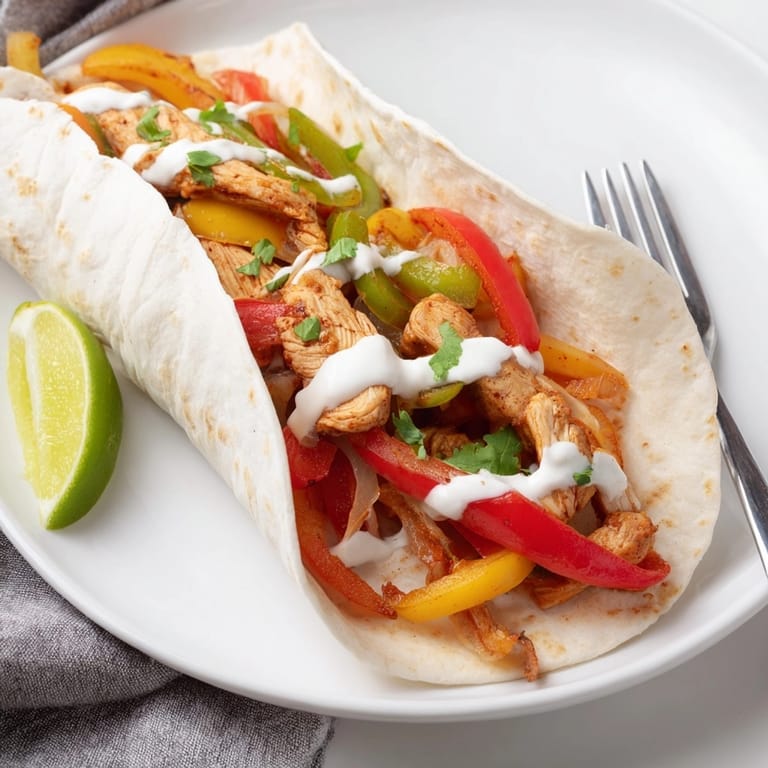 Close-up of delicious Chicken Fajitas, topped generously with creamy homemade lime crema.