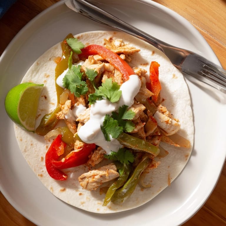 Warm, serving-ready Chicken Fajitas recipe: Chicken, peppers, and onions in soft tortillas.