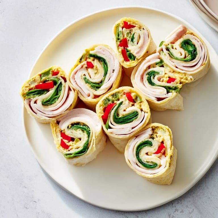 A close-up of beautifully rolled Turkey and Provolone Pinwheels, perfect for a picnic or party.