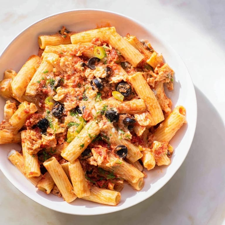 This Olive-Warm Baked Ziti is a comforting Italian-American dish with rich tomato sauce.
