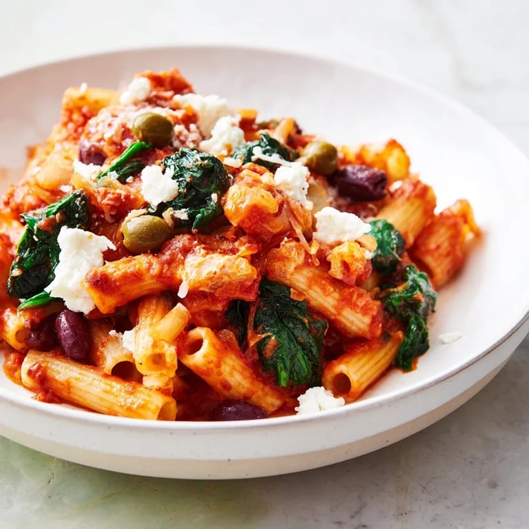 Olive-Warm Baked Ziti with spinach features tender pasta and creamy ricotta, ready to serve and enjoy.