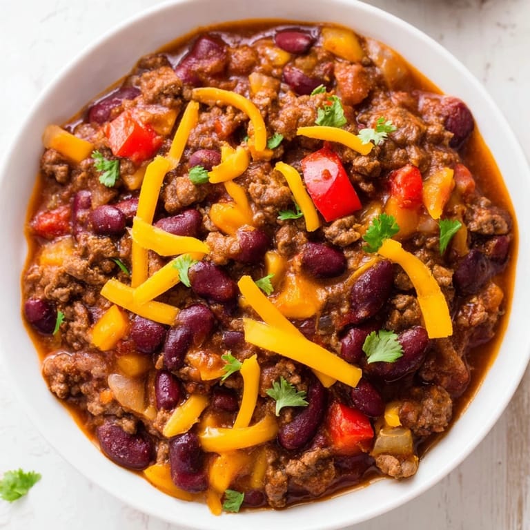 Enjoy a flavorful bowl of One-Pot Cozy Chocolate Chili, garnished with creamy sour cream and cilantro.